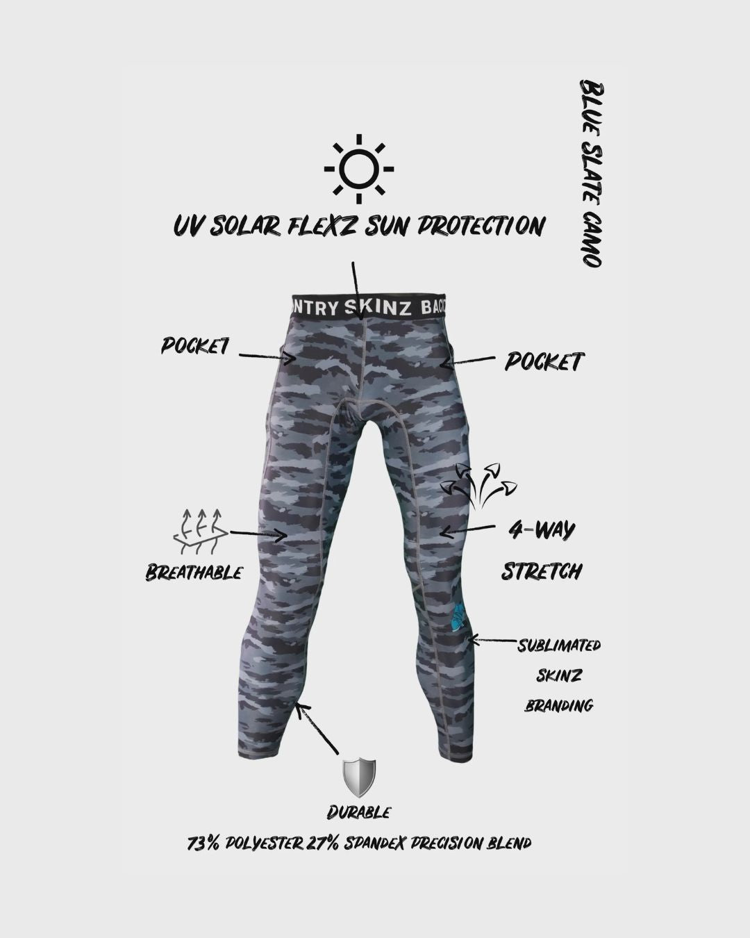 SolarFlexz™ UVPro Camo Lightweight Compression Polyester Fishing Pants - Mens - Blue Slate - features