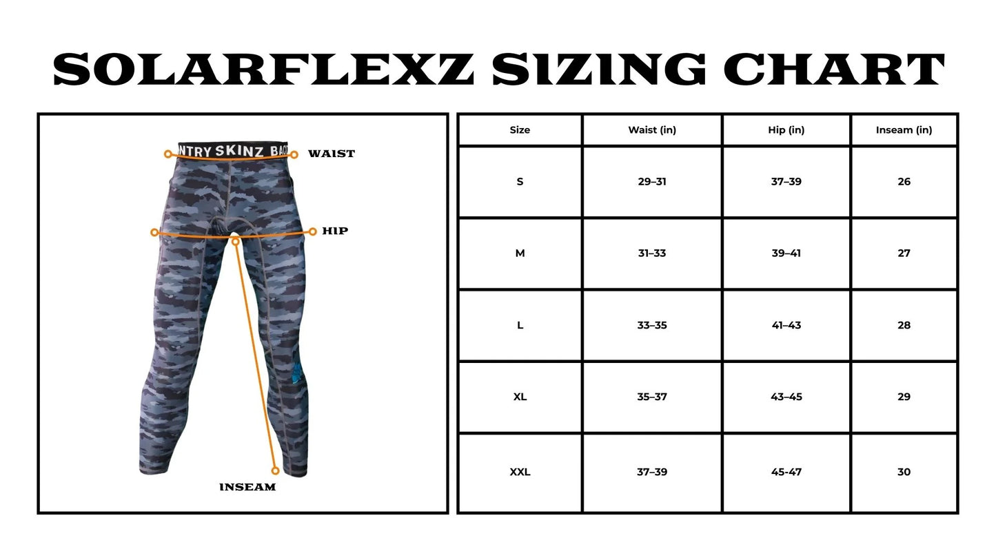 SolarFlexz™ UVPro Camo Lightweight Compression Polyester Fishing Pants - Mens - size chart