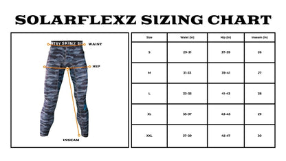 SolarFlexz™ UVPro Camo Lightweight Compression Polyester Fishing Pants - Mens - size chart