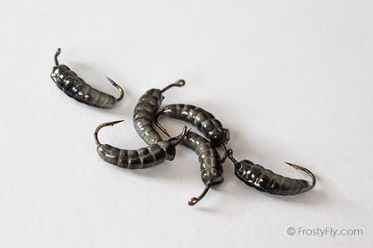 Weighted Caddis Larva Bodies with Hooks - Smokey