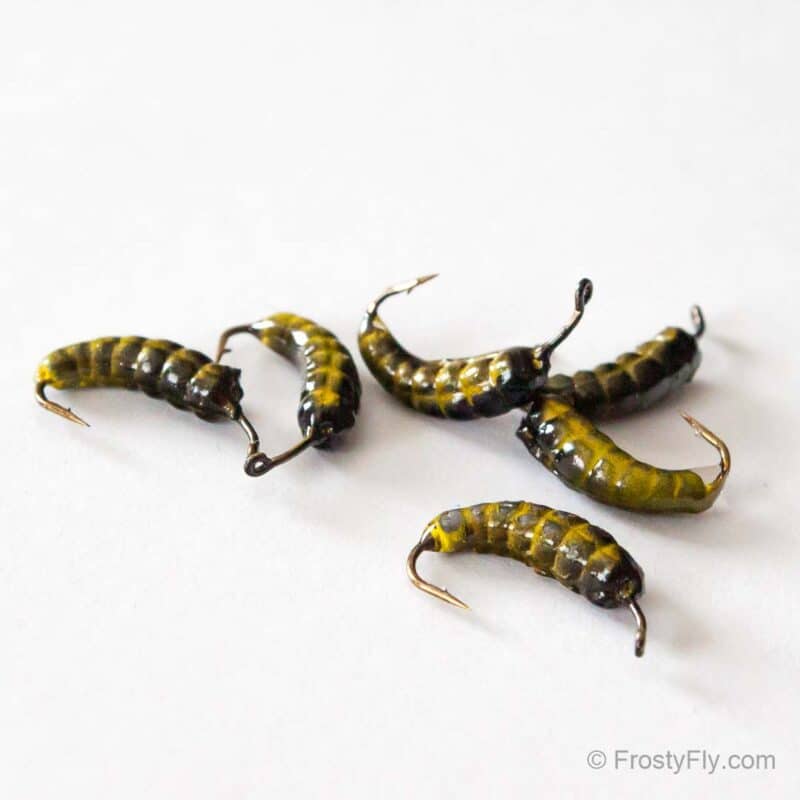Weighted Caddis Larva Bodies with Hooks - Light Gree